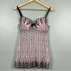 Blush black & pink sheer mesh lace underwire babydoll nightie, medium.